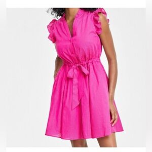 Pink Flutter-Sleeve Shirtdress,